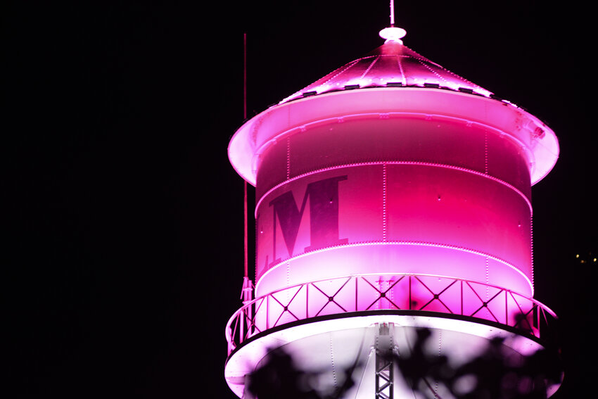 The Yelm water tower lit up pink and blue on Oct. 15 in honor of Global Wave of Light day.