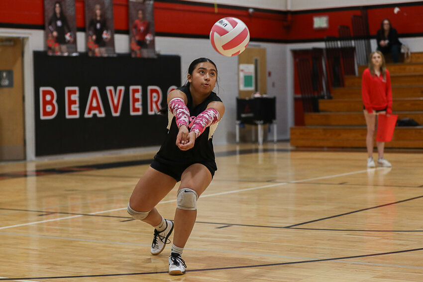 Natalie Davis digs the ball up during Tenino's four-set loss to Hoquiam on Oct. 24.