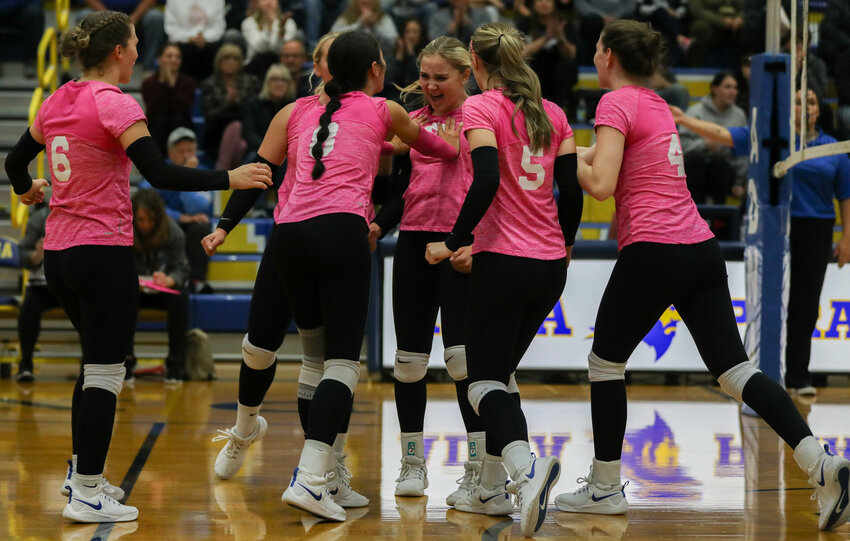 Adna celebrates after scoring a point during their 3-1 victory over Rainier on Oct. 25.
