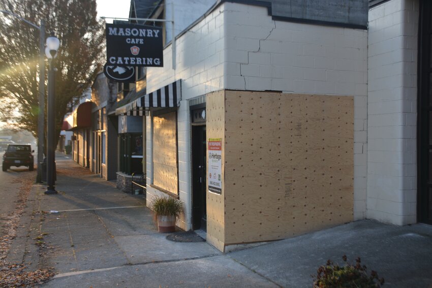The &ldquo;Doodle Buns&rdquo; portion of Masonry Cafe in Yelm remains boarded up after a vehicle drove through the building on Friday, Oct. 13 in a car accident.