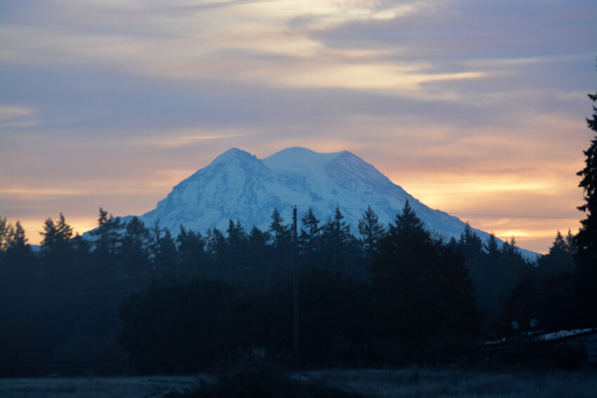 Mount Rainier peeks atop a tree line near state Route 702 in the morning hours of Oct. 31.