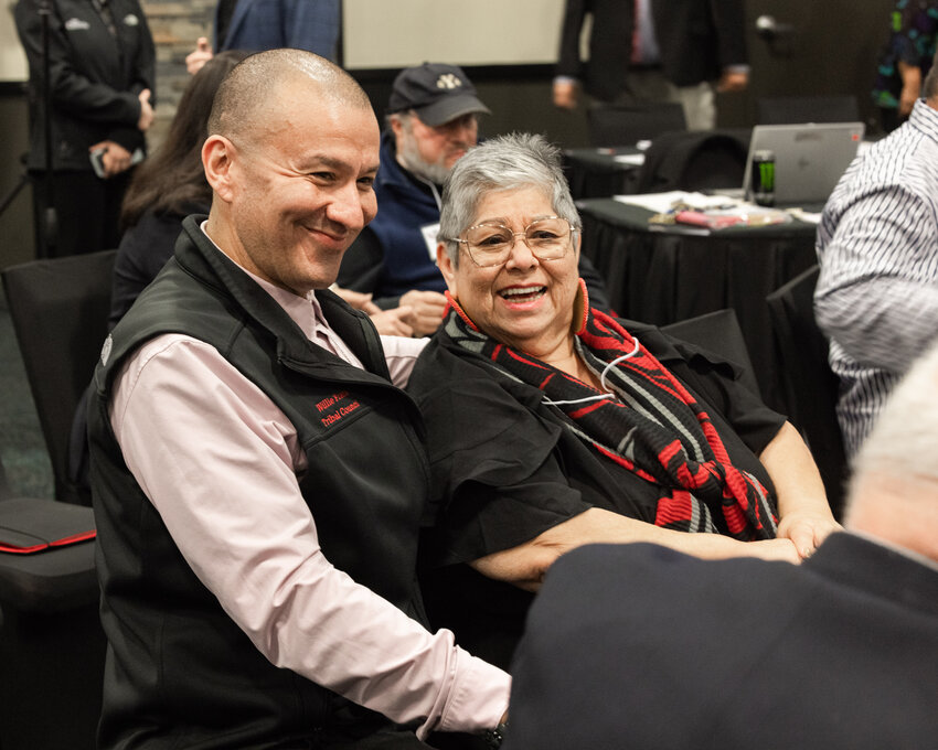 Nisqually Indian Tribe Chairman Willie Frank III smiles alongside Cowlitz Indian Tribe Chairwoman Patty Kinswa-Gaiser during the Centennial Accord meeting at Lucky Eagle Casino on Tuesday, Oct. 31, 2023.