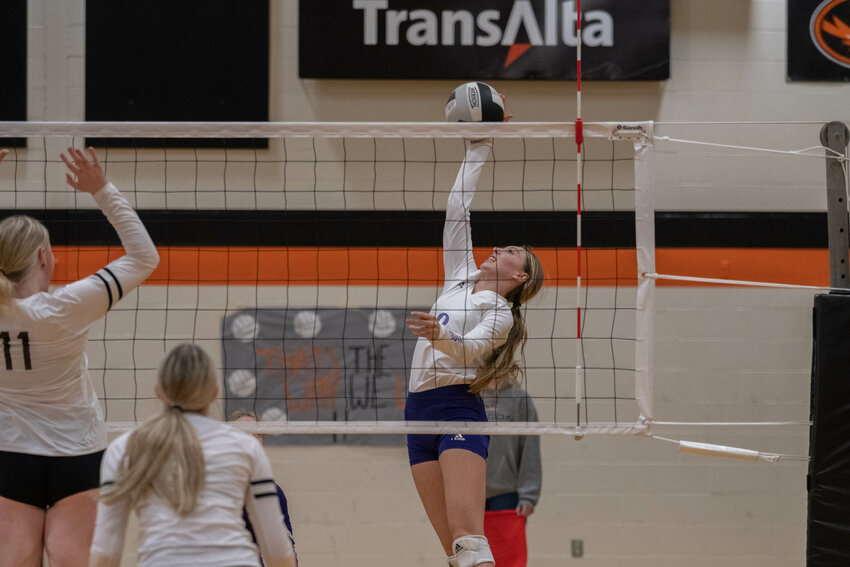 Leah Hamilton sends the ball over the net during the first set of Onalaska's loser-out match against Kalama in the 2B district tournament, Nov. 1 in Napavine.