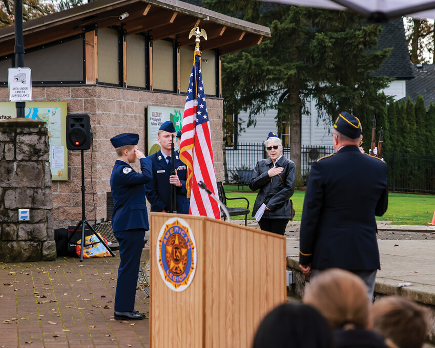 Students in the Battle Ground High School Air Force Junior Reserve Officer Training Corps present the colors at the Ridgefield&rsquo;s Veterans Day celebration on Friday, Nov. 10.