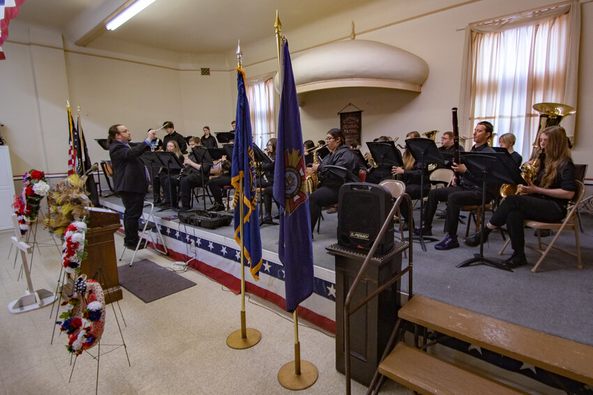 Band director Louie Blaser oversees the Centralia High School Band's performance during the Veterans Day wreath laying ceremony on Saturday, Nov. 11, at the American Legion's Grant Hodge Post 17 in Centralia.