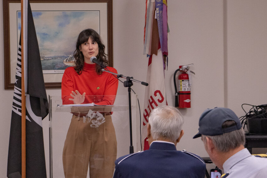 U.S. Congresswoman Marie Gluesenkamp Perez discusses dealing with the U.S. Department of Veterans Affairs on Saturday, Nov. 11, at the Veterans Memorial Museum in Chehalis.