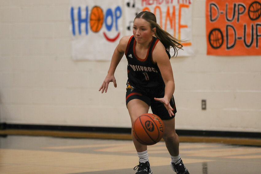 Taylor Schwartz dribbles up the court during Mossyrock's loss at Napavine on Nov. 30.