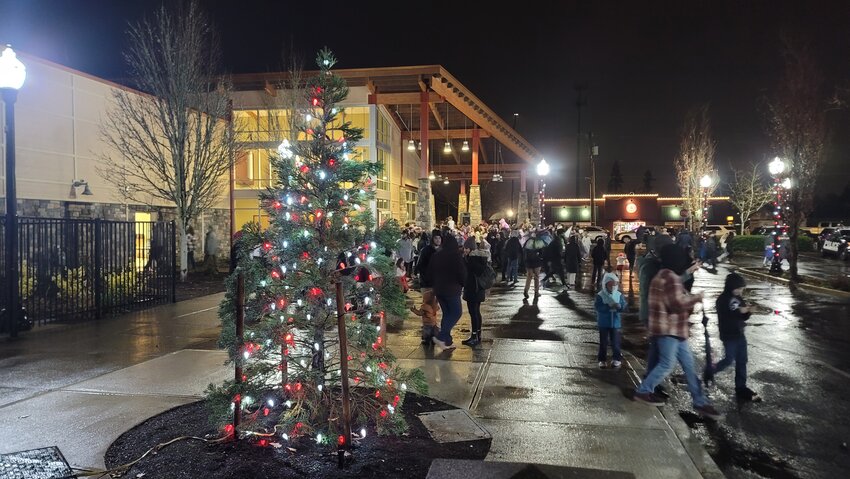 The City of Battle Ground's younger Christmas tree is still a work in progress as it grows taller each year. City staff lit the tree during a celebration on Friday, Dec. 1.&nbsp;