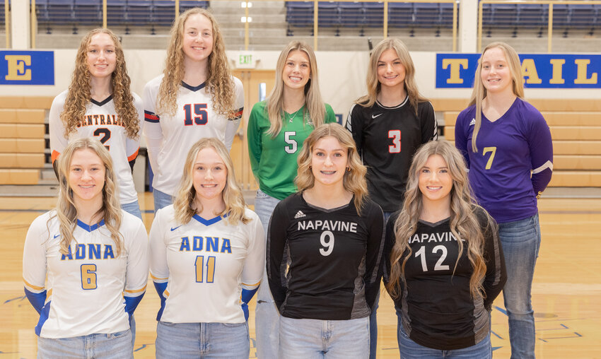 The Chronicle&rsquo;s 2023 All-Area Volleyball Team poses for a photo on Wednesday, Dec. 6, at Centralia College. In the front row, from left: Adna&rsquo;s Karsyn Freeman and Kendall Humphrey and Napavine&rsquo;s Keira O&rsquo;Neill and Dakota Hamilton. in the back row, from left: Centralia&rsquo;s Lauren Wasson, Black Hills&rsquo; Ashley Harris, Tumwater&rsquo;s Brooklynn Hayes, Mossyrock&rsquo;s Erin Cournyer and Onalaska&rsquo;s Emalie Jacoby. Not pictured: Rainier&rsquo;s Allyson Ooms.