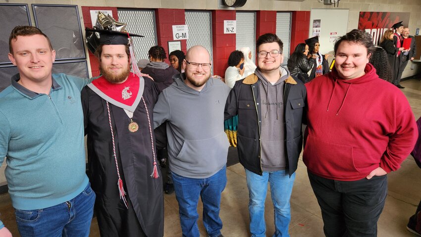 From left, Nick Conaway, in the Army for 10 years, Chase Conaway, Dylan Conaway, first gen graduate Christopher Beatty and Dylan Jensen of Chehalis.
