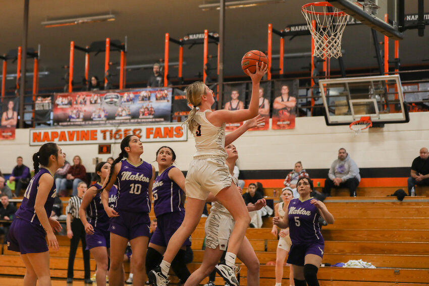 Hayden Kaut soars to the rim for a layup during the first half of Napavine's game against Mabton on Dec. 23.