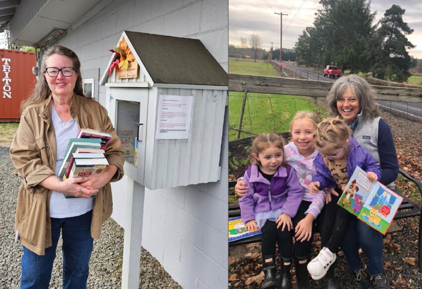 (Left) Becky Donkersley took this photo of Charlene Scott and posted it on the Onalaska Facebook page, saying &ldquo;this is the wonderful lady who keeps our book pantry filled.&rdquo; (Right) Bobbi Barnes is pictured with her grandchildren on the bench by the library. The children are, from left, Kabree Walster and Olivia Walster, and Cree Chancellor