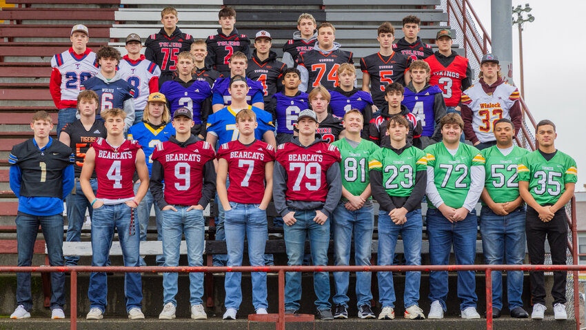 The Chronicle&rsquo;s All-Area football team poses for a photo at Bearcat Stadium in Chehalis on Tuesday, Dec. 9. .In the front row, from left: Adna&rsquo;s Gavan Muller, W.F. West&rsquo;s Gage Brumfield, Connor Coleman, Tucker Land, and Andrew Penland; Tumwater&rsquo;s Beckett Wall, Cash Short, Brady Larson, Malijah Tucker, and Kooper Clark..In the second row, from left: Centralia&rsquo;s Marcus Miller, Rochester&rsquo;s Tate Quarnstrom and Jaden Nichols, Tenino&rsquo;s Michael Vassar, and Oakville&rsquo;s Daniel Rodas..In the third row, from left: Black Hills&rsquo; Jack Ellison, Onalaska&rsquo;s Cooper Lawrence, Rylan McGraw, Rodrigo Rodriguez, Nick Rushton and Kayden Mozingo, and Winlock&rsquo;s James Cusson. .In the fourth row, from left: PWV&rsquo;s Cody Strozyk and Blaine King, Napavine&rsquo;s Cael Stanley, Ashton Demarest, Jack Nelson and Karsen Denault, and Mossyrock&rsquo;s Easton Kolb. .In the back row, from left: Toledo&rsquo;s Nico Acosta, Eli Weeks, Bayron Rodridguez and Ethen Carver.