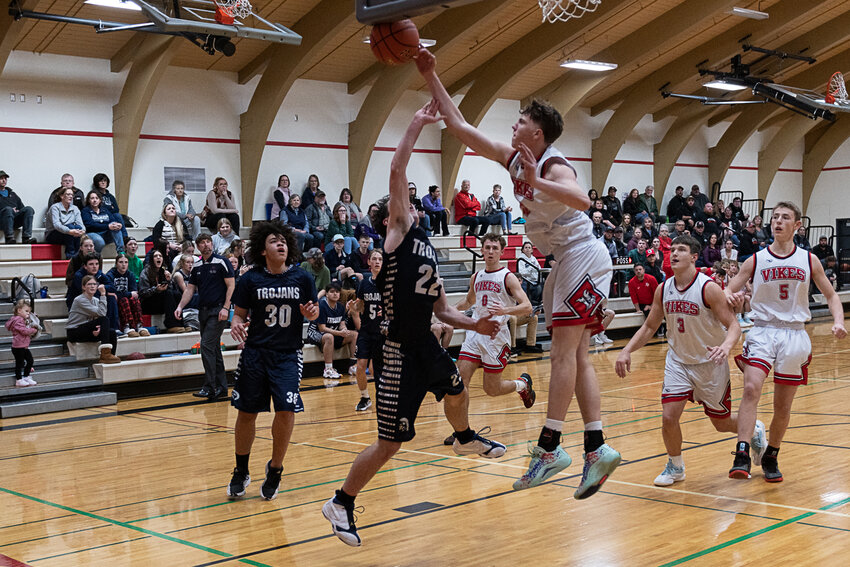 Shaun Fry blocks a shot during Mossyrock's win over Pe Ell on Jan. 3.