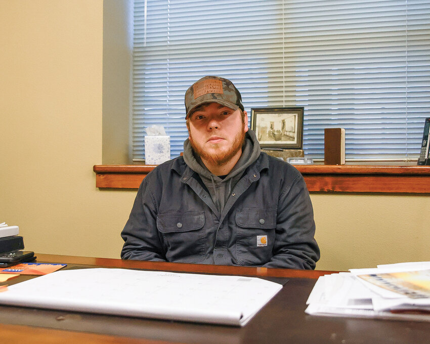 Ian Shealy, the newest mayor of Yacolt, sits at his desk in Town Hall, Wednesday, Jan. 10.