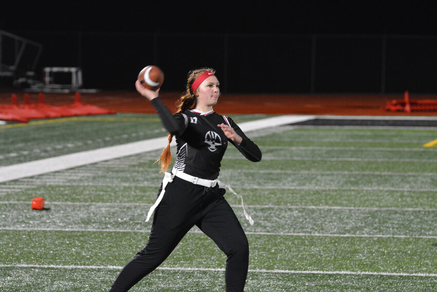Junior quarterback Caylee Roberts throws a pass on Tuesday, Jan. 9 against the Lincoln Abes in Yelm's first girls flag football scrimmage.