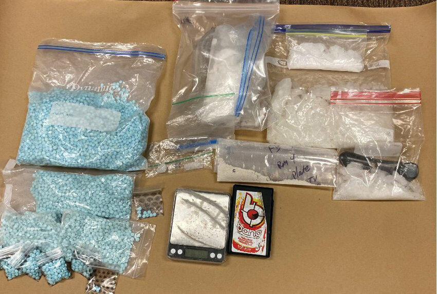 Fentanyl and other items seized by the Clark County Sheriff's Office's Drug Task Force are pictured in this photo from 2022. In 2023 U.S. Drug Enforcement Administration agents seized more than 77 million fentanyl pills and nearly 12,000 pounds of fentanyl powder. .