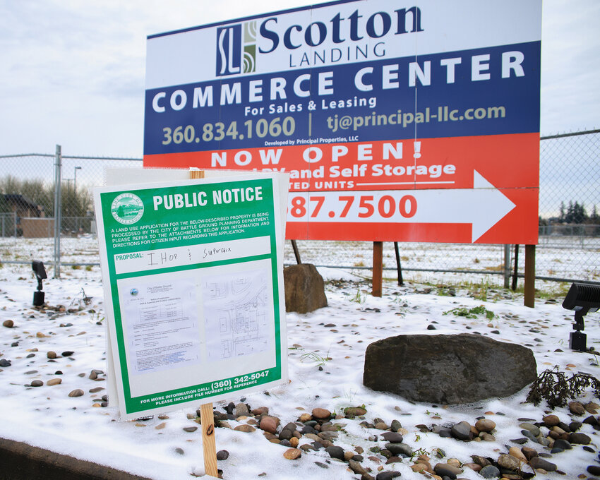 A public notice was posted Thursday, Jan. 18 at the corner of Southwest Scotton Way and Southwest 12th Avenue in Battle Ground announcing plans for an IHOP breakfast restaurant and a Super Chix chicken restaurant.