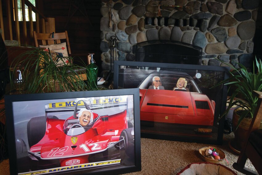 Two of artist Cari Thompson&rsquo;s original paintings are shown, which includes Albert Einstein (left), and Enzo Ferrari and Marilyn Monroe (right).