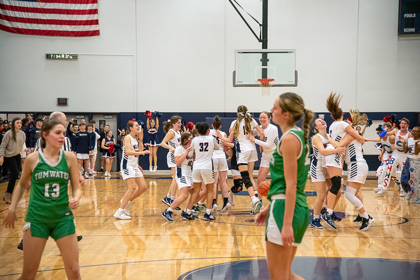 Black Hills celebrates after a 42-40 win against Tumwater in an Evergreen Conference girls basketball game on Tuesday at Black Hills High School in Tumwater.