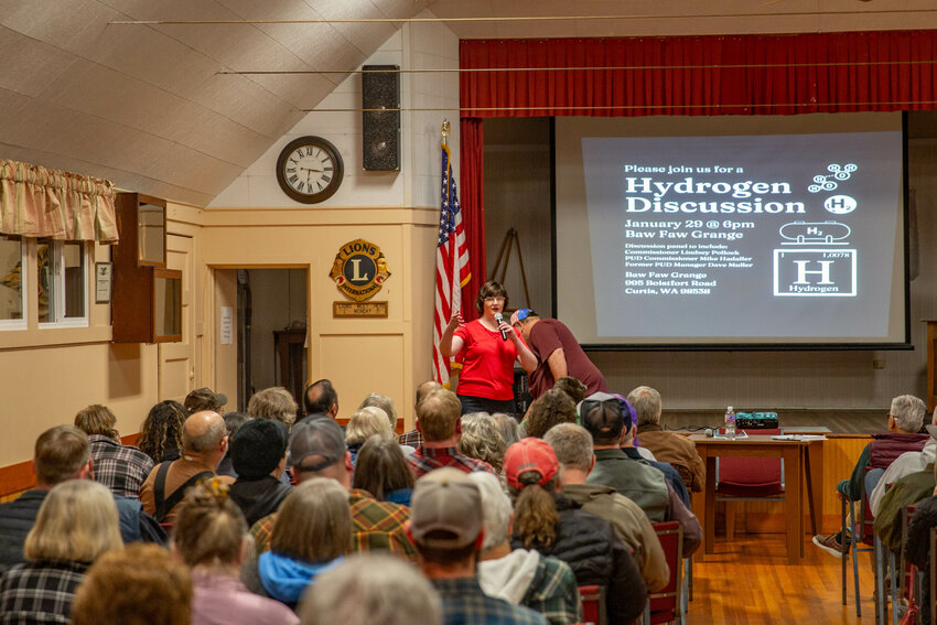 Lewis County Commissioner Lindsey Pollock speaks to roughly 200 attendees during a &quot;Hydrogen Discussion&quot; at the Baw Faw Grange on Monday, Jan. 29.