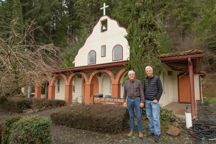Owen Sexton for the Nisqually Valley News  Brothers Jack, left, and Bob DeGoede, stand, on Tuesday, Jan. 30, in front of the Our Lady of Guadalupe Chapel, which was built by their father, Hank. The chapel sits less than a mile from the DeGoede Bulb Farm in Mossyrock, which Jack and Bob just sold after retiring last summer. Below, a photo of Hank DeGoede, founder of DeGoede Bulb Farm in Mossyrock, hangs on a wall in his sons&rsquo; office at the Our Lady of Guadalupe Chapel.
