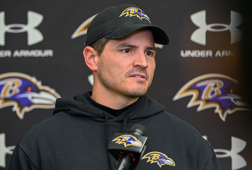 Former Baltimore Ravens defensive coordinator Mike MacDonald talks with the media after practice at Under Armour Performance Center. (Kevin Richardson/Staff Photo/TNS)