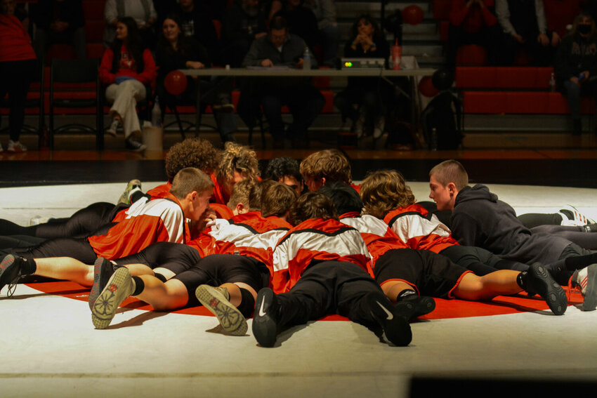 Yelm&rsquo;s boys wrestling team storms the mat on Jan. 23, prior to the team&rsquo;s &ldquo;Bad to the Bone&rdquo; dual against Bethel High School. The Tornados defeated the Bison, 37-36.