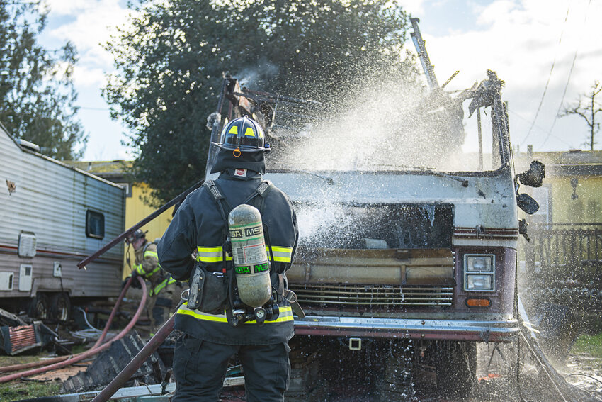 First responders of the Toledo and Winlock area fire departments respond to an RV fire at about 1 p.m. on Wednesday, Feb. 7, off of Limmer Road in Winlock. Firefighters extinguished the blaze before it could spread to nearby structures. There were no injuries. A cause for the fire wasn&rsquo;t released, though firefighters at the scene suspected it was caused by an electrical issue.