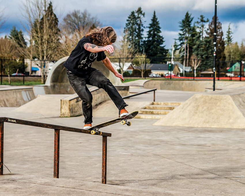 Trevor Ward of Vancouver rides a rail at the Battle Ground Skate Park at Fairgrounds Park on Thursday, Feb. 8. A city consultant&rsquo;s concept for Fairgrounds Park proposes keeping the skate park while changing other amenities at the location.