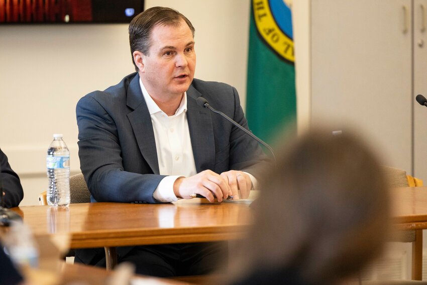 Sen. John Braun speaks to members to the media at the. Capital campus in Olympia on Friday, Feb. 15, 2024.