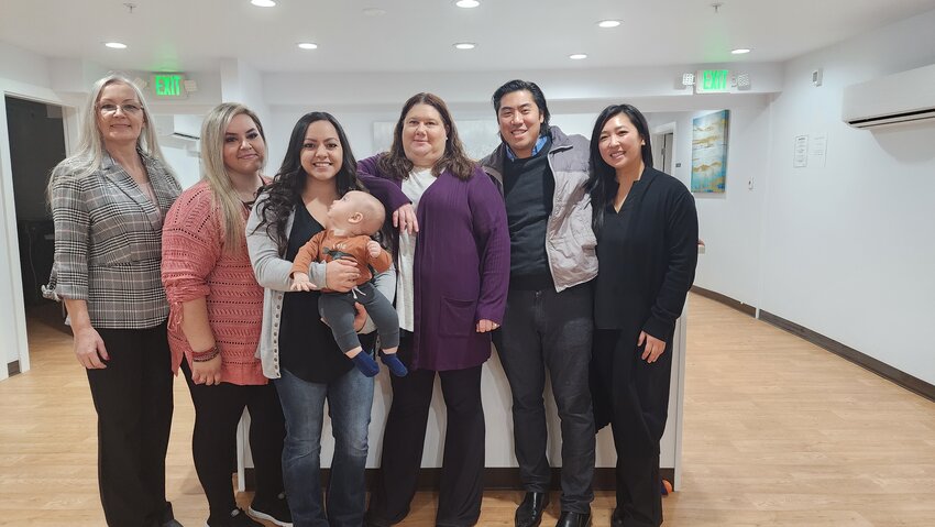 From left to right, WWellspring Centralia Director of Nursing Staff DeNage Cagle, Kitchen Manager Erica Jimenez, Administrative Assistant Monica Jimenez, Administrator Kari Sutherland and owners Alvin and Tina Wong.