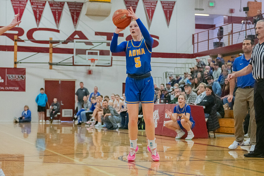 Gaby Guard shoots a three during Adna's win over Toutle Lake on Feb. 17. in Chehalis.