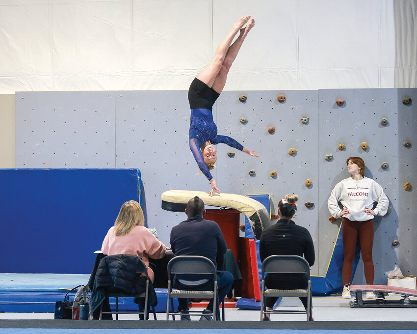 Hockinson&rsquo;s Celia Racanelli earned a 9.2 on the vault on her way to winning first all-around on Saturday, Feb. 17, during the 2A/3A district championship at Naydenov Gymnastics in Vancouver.