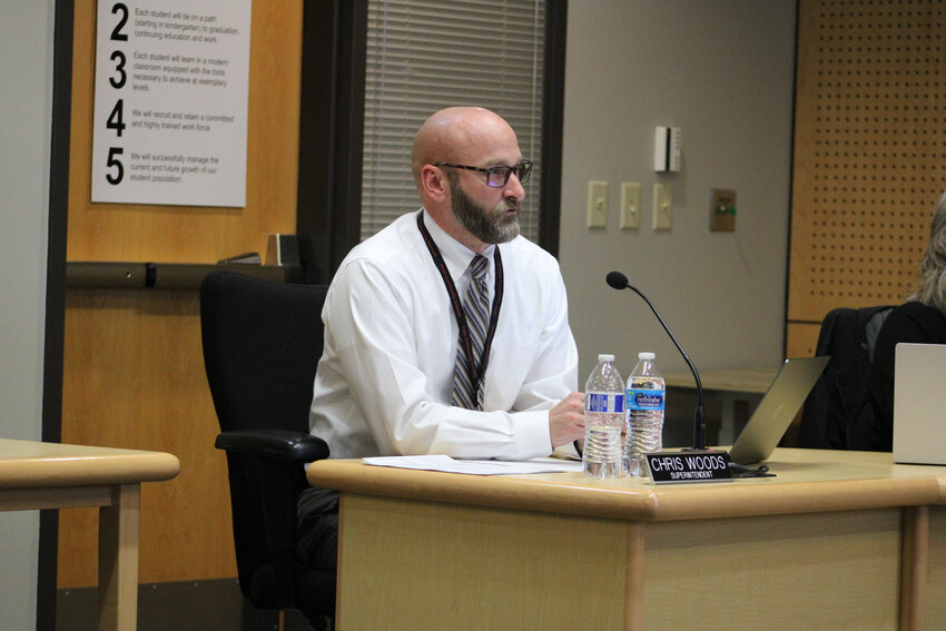 Yelm Superintendent Chris Woods speaks to the Yelm Community Schools school board members during a meeting on Jan. 25.
