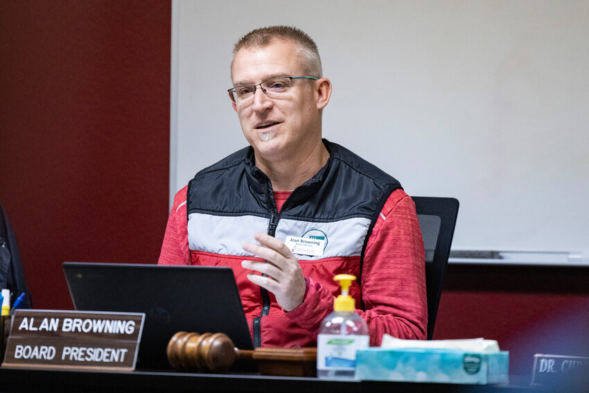 Alan Browning, board president, speaks during the Chehalis School Board meeting on Tuesday, Feb. 20, 2024.