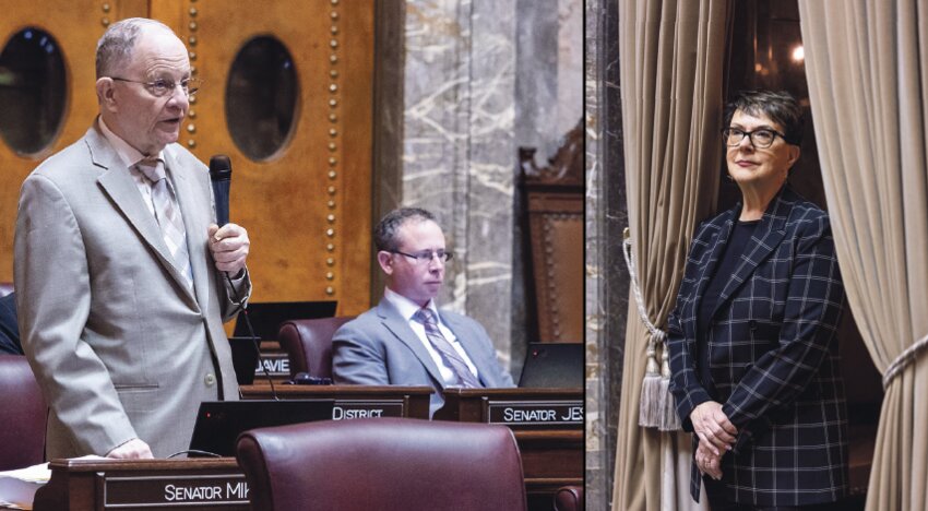 At left, Sen. Mike Padden gives a floor speech on former lawmaker Linda Smith. At right, Linda Smith watches the Senate resolution being read aloud.