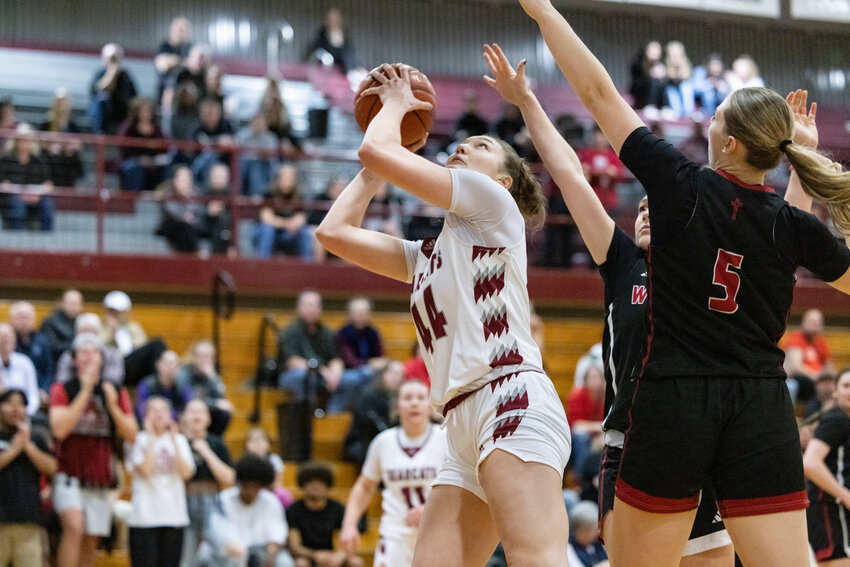W.F. West&rsquo;s Julia Dalan goes for a layup against Archbishop Murphy during a Class 2A opening round girls basketball contest on Friday night at W.F. West High School. Dalan scored a game-high 22 points and pulled down 11 rebonds for the Bearcats.