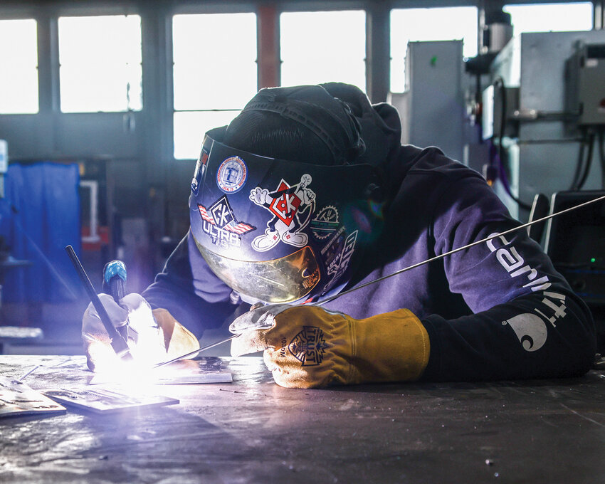 Aiden Goncalves, a Battle Ground High School junior who is in the welding program, works on his welding skills on Feb. 1.