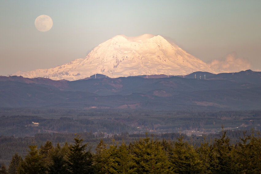 The moon rises above Mount Rainier at sunset on Friday in this photo captured from Penning Road in Adna.