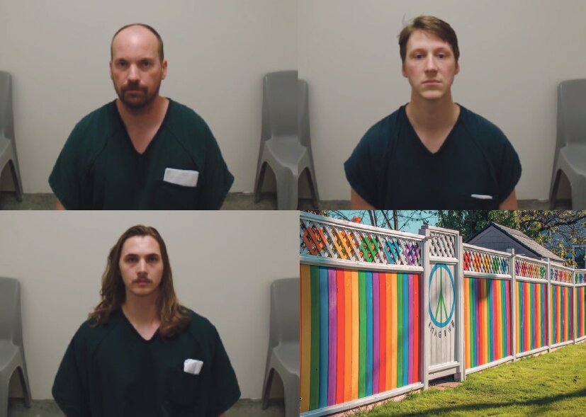 John B. Bagley II, 40, of Burien, top left, Matthew A. Clement, 33, of Centralia, top right, and Gabriel R. Smith-Nilsen, 25, of Driggs, Idaho, bottom left, were arrested in Centralia early Sunday morning after a neighbor saw them defacing the Friendship Fence in Chehalis and followed them as they fled in a dark-colored Subaru station wagon.&nbsp;The Friendship Fence is pictured at bottom right.