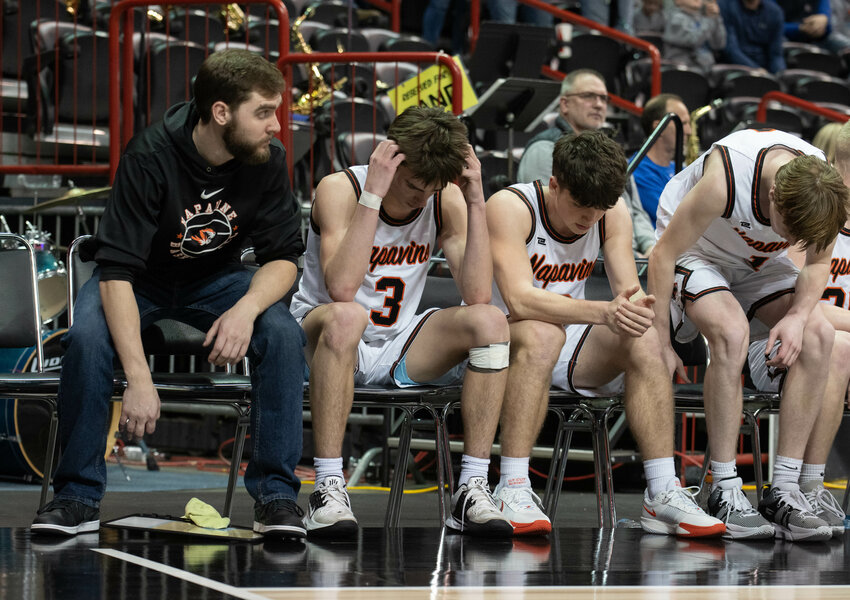 Tiger starters check out of the game with a few minutes remaining of Napavine&rsquo;s 2B State semifinal loss to Colfax on Mar. 1 at the Spokane Arena.