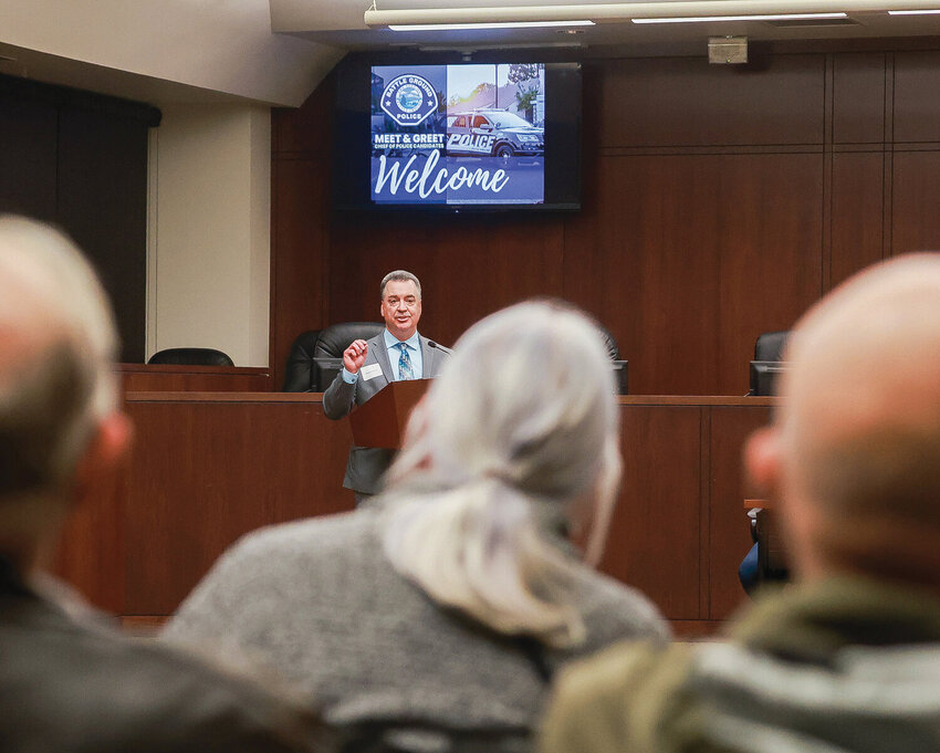 Battle Ground police chief candidate Dennis Flynn speaks during a public meet-and-greet event with other candidates at City Hall on Dec. 7. Last week, Flynn was named the new Battle Ground chief.