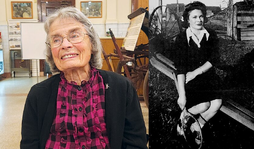 At left, Margaret Cole smiles while attending the Lewis County Historical Museum dinner in February 2023. At right, Margaret Denzil Kirkendoll, now known as Margaret Cole, is pictured in high school.