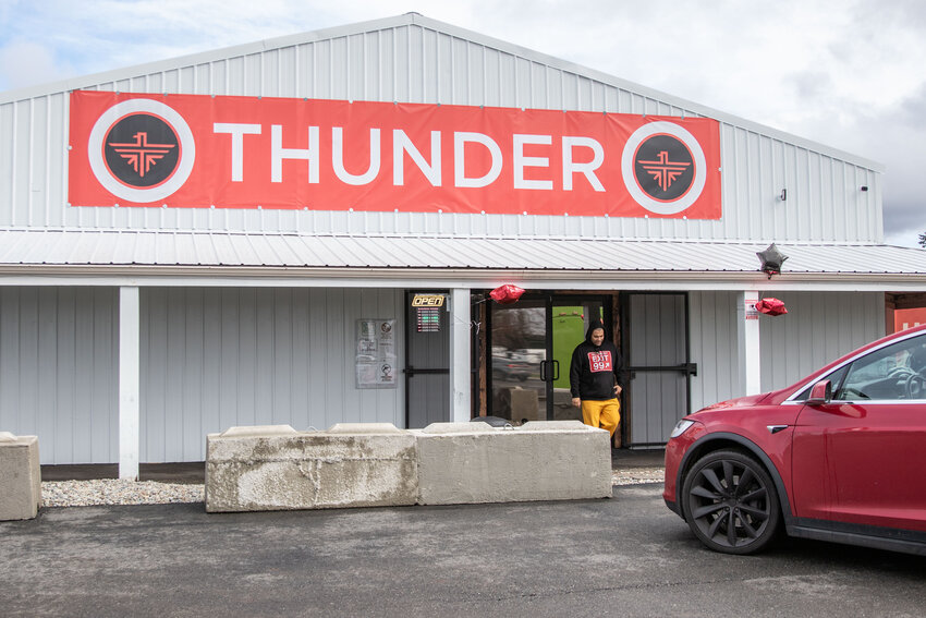 The entrance of Thunder 2 in Rochester is pictured on Friday, March 1. The Chehalis Tribe&rsquo;s new marijuana outlet celebrated its grand opening on Friday and Saturday at 19748 Elderberry St. in Rochester with food, raffles, monster truck rides, a ribbon-cutting ceremony and more. To learn more, visit www.thundercannabis.com.
