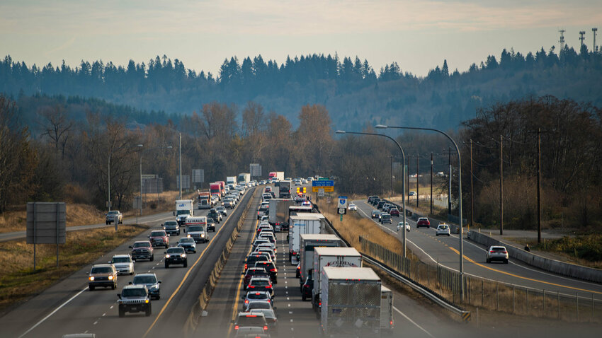 Traffic backs up along Interstate 5 in Centralia as WSDOT responds to a scene in 2023.