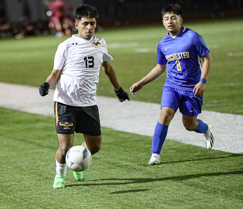 Toledo-Winlock United's Luis Hernandez gains control of the ball against Rochester during Thursday's Centralia Jamboree at Tigers Stadium.