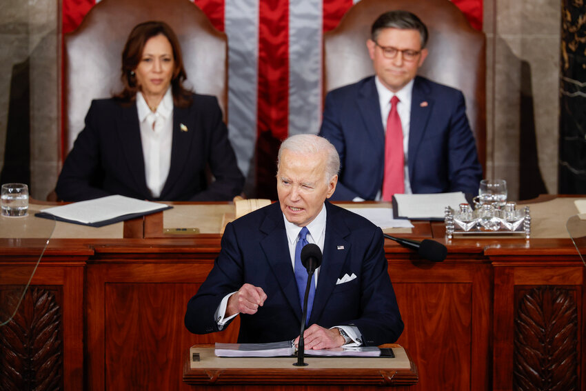 U.S. President Joe Biden delivers the State of the Union address during a joint meeting of Congress in the House chamber at the U.S. Capitol on March 07, 2024 in Washington, DC. This is Biden&rsquo;s last State of the Union address before the general election this coming November. Biden was joined by Vice President Kamala Harris and Speaker of the House Mike Johnson (R-LA). (Photo by Chip Somodevilla/Getty Images)
