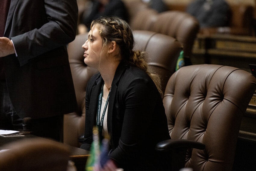 Lilian Hale, the stepdaughter of 19th District Rep. Joel McEntire, listens on the last day of the 2024 Legislature at the state Capitol on Thursday, March 7. Hale is the youngest serving legislator in Washington state history.
