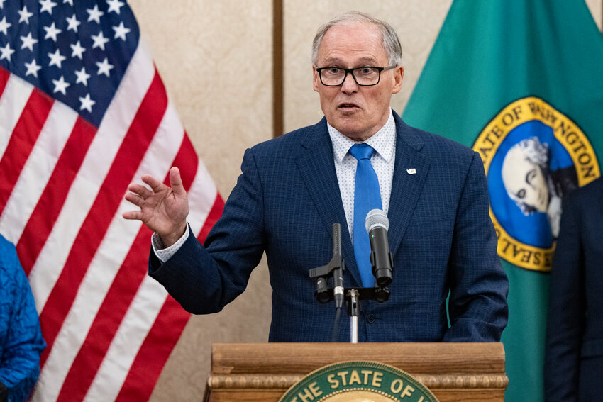 Gov. Jay Inslee speaks to the media on the last day of the 2024 Legislature at the state Capitol on Thursday, March 7.